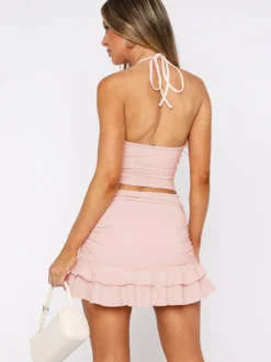 Ensemble deux pièces rose chic plissé jupe dos nu sans manches