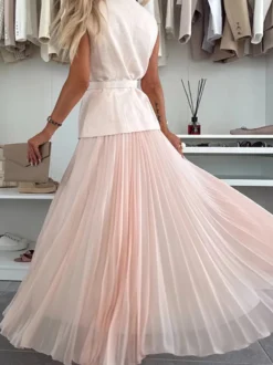 Ensemble deux pièces sans manches pour femme - Gilet ceinturé Old Money et robe maxi plissée - Collection printemps 2026