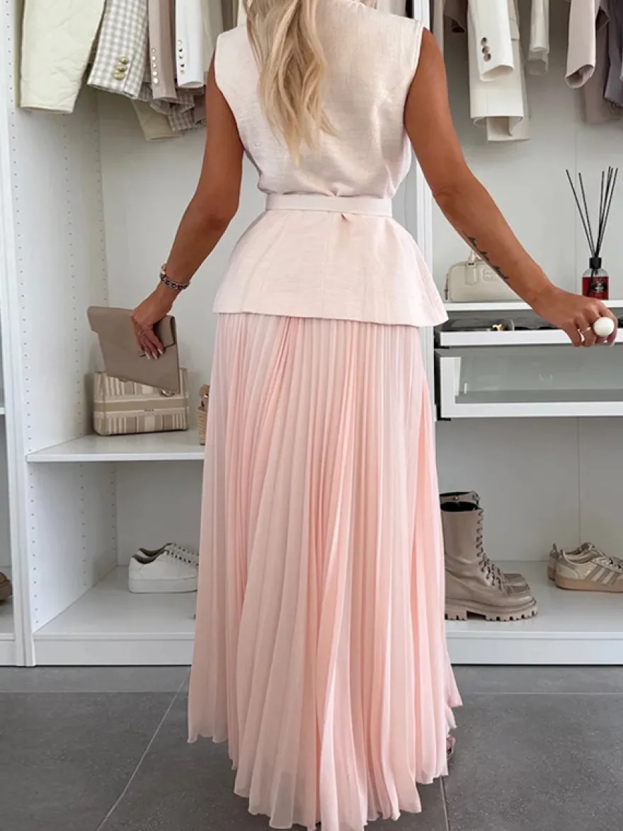 Ensemble deux pièces sans manches pour femme - Gilet ceinturé Old Money et robe maxi plissée - Collection printemps 2026