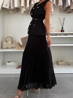 Ensemble deux pièces sans manches pour femme - Gilet ceinturé Old Money et robe maxi plissée - Collection printemps 2026