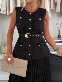 Ensemble deux pièces sans manches pour femme - Gilet ceinturé Old Money et robe maxi plissée - Collection printemps 2026