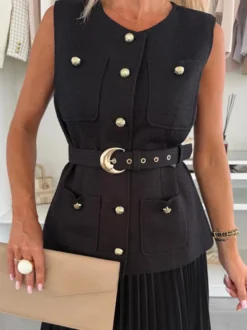 Ensemble deux pièces sans manches pour femme - Gilet ceinturé Old Money et robe maxi plissée - Collection printemps 2026