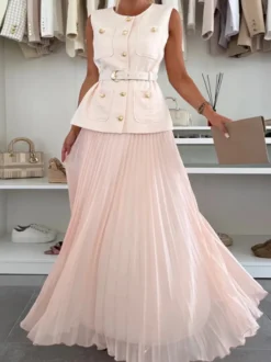 Ensemble deux pièces sans manches pour femme - Gilet ceinturé Old Money et robe maxi plissée - Collection printemps 2026