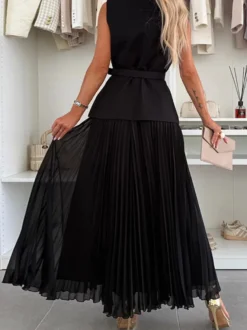 Ensemble deux pièces sans manches pour femme - Gilet ceinturé Old Money et robe maxi plissée - Collection printemps 2026