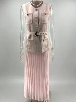 Ensemble deux pièces sans manches pour femme - Gilet ceinturé Old Money et robe maxi plissée - Collection printemps 2026