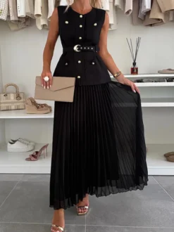 Ensemble deux pièces sans manches pour femme - Gilet ceinturé Old Money et robe maxi plissée - Collection printemps 2026