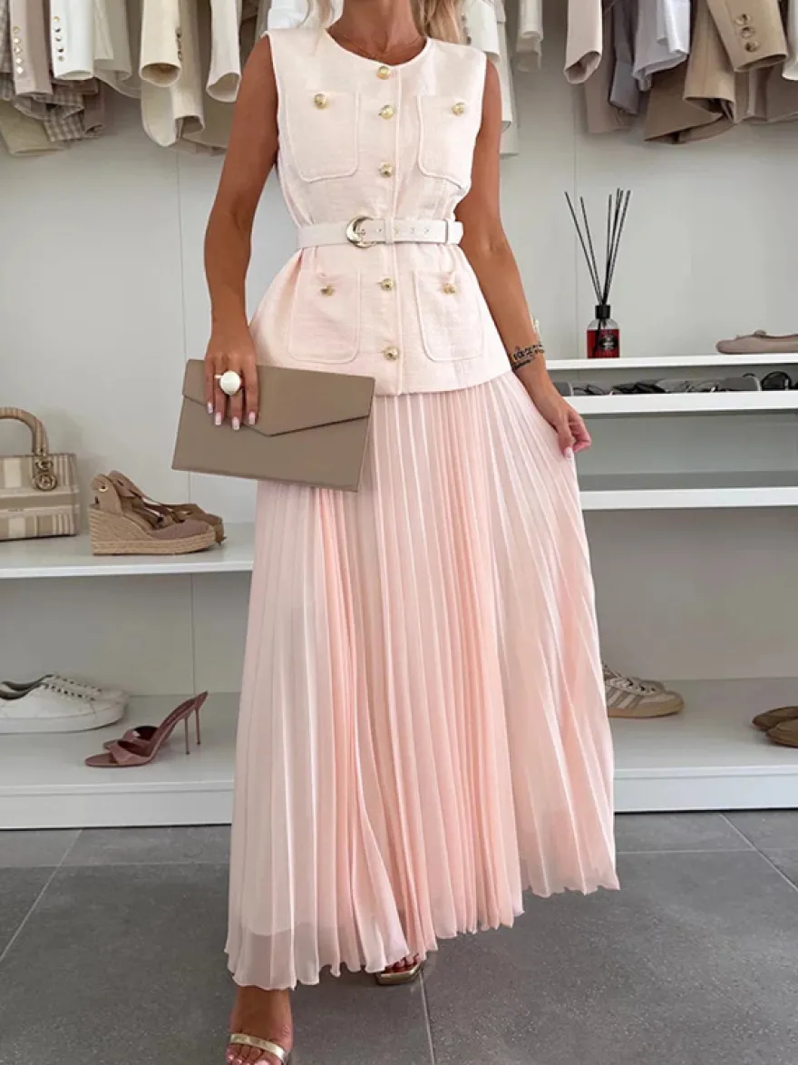 Ensemble deux pièces sans manches pour femme - Gilet ceinturé Old Money et robe maxi plissée - Collection printemps 2026