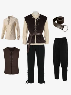 Ensemble gilet et chemise médiévaux marron et noir tenue de paysan/voleur Renaissance pour homme gilet à lacets et chemise de pirate pour fête médiévale