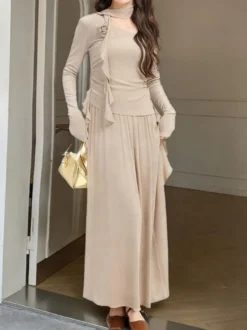 Ensemble jupe et haut dos nu à manches longues et jupe longue asymétrique à volants deux pièces pour femme tenue élégante et décontractée