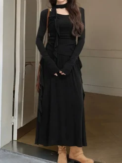 Ensemble jupe et haut dos nu à manches longues et jupe longue asymétrique à volants deux pièces pour femme tenue élégante et décontractée