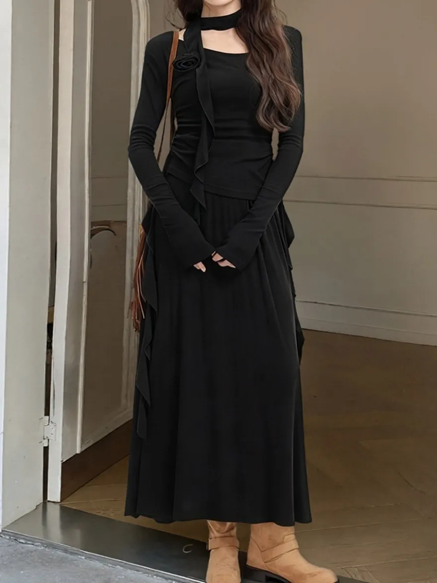Ensemble jupe et haut dos nu à manches longues et jupe longue asymétrique à volants deux pièces pour femme tenue élégante et décontractée