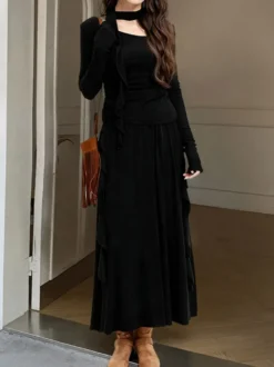 Ensemble jupe et haut dos nu à manches longues et jupe longue asymétrique à volants deux pièces pour femme tenue élégante et décontractée