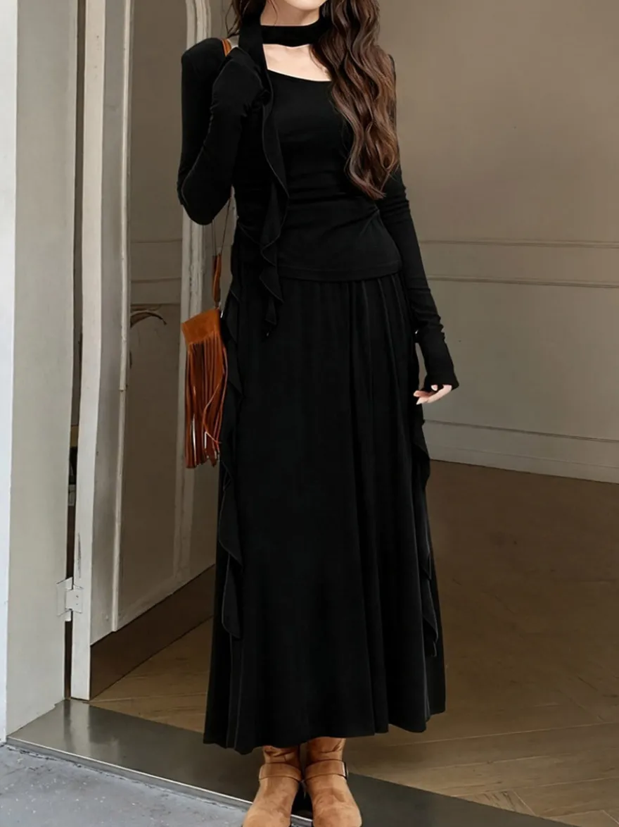 Ensemble jupe et haut dos nu à manches longues et jupe longue asymétrique à volants deux pièces pour femme tenue élégante et décontractée