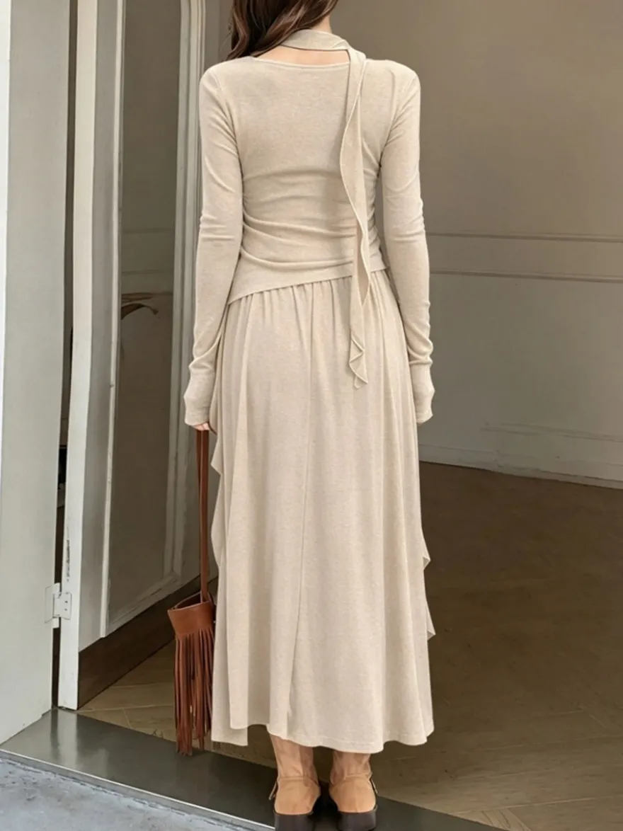 Ensemble jupe et haut dos nu à manches longues et jupe longue asymétrique à volants deux pièces pour femme tenue élégante et décontractée