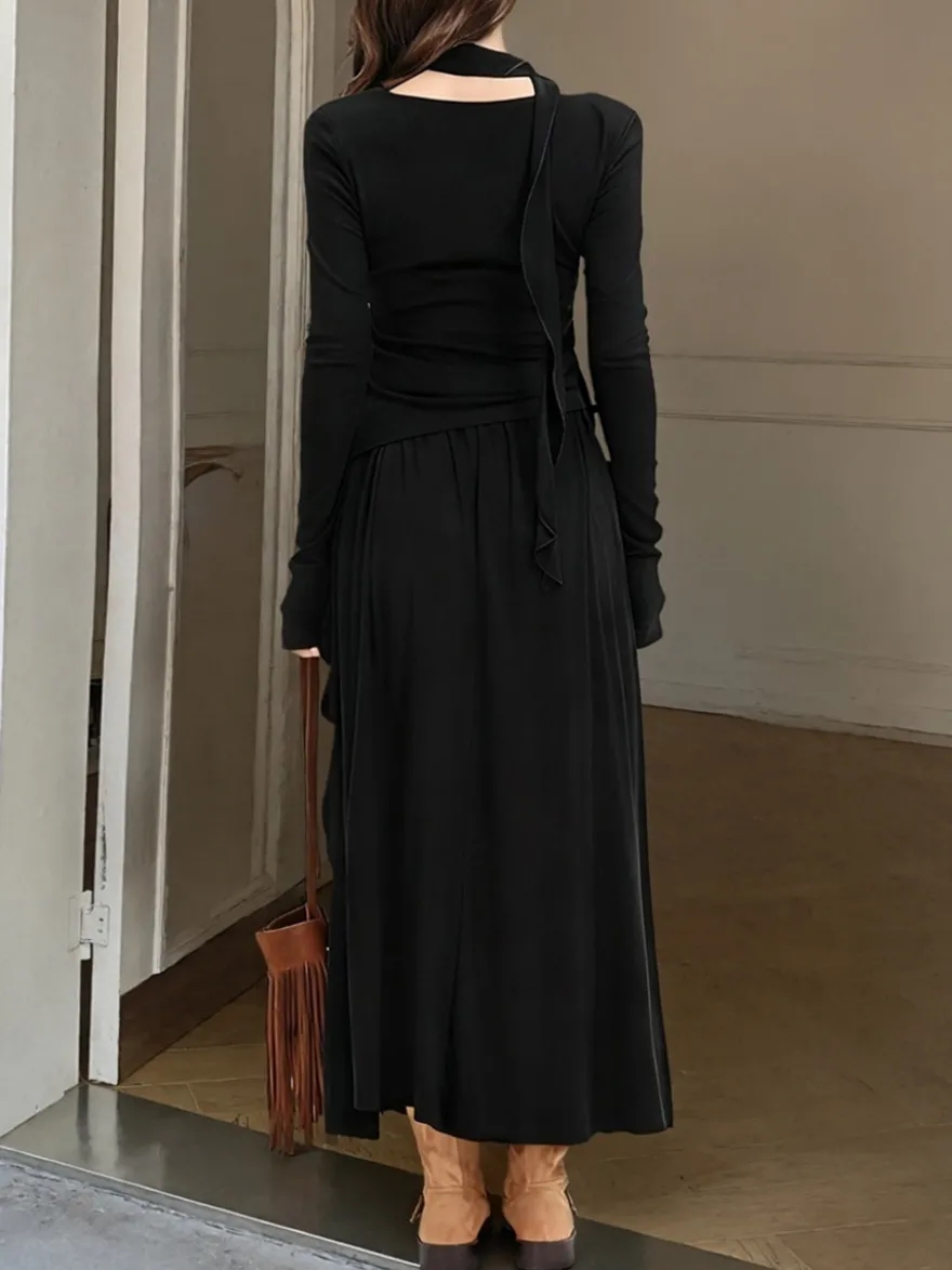 Ensemble jupe et haut dos nu à manches longues et jupe longue asymétrique à volants deux pièces pour femme tenue élégante et décontractée
