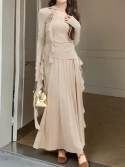 Ensemble jupe et haut dos nu à manches longues et jupe longue asymétrique à volants deux pièces pour femme tenue élégante et décontractée