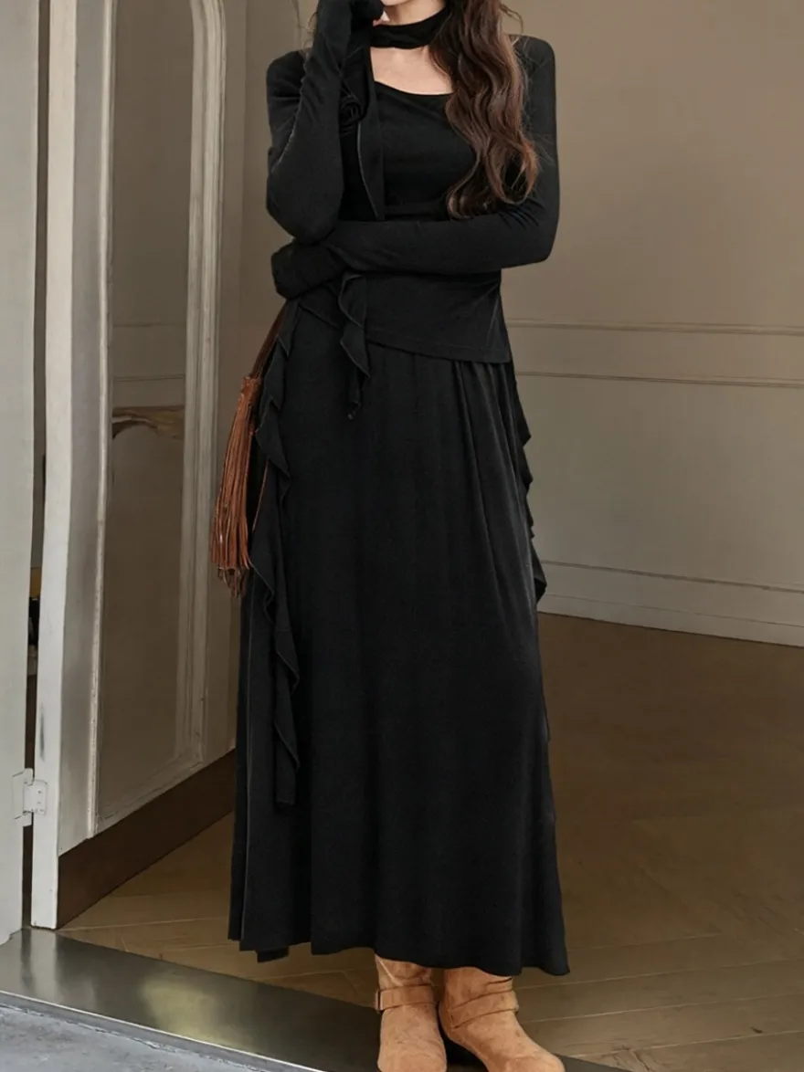 Ensemble jupe et haut dos nu à manches longues et jupe longue asymétrique à volants deux pièces pour femme tenue élégante et décontractée