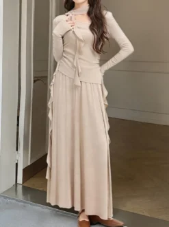 Ensemble jupe et haut dos nu à manches longues et jupe longue asymétrique à volants deux pièces pour femme tenue élégante et décontractée