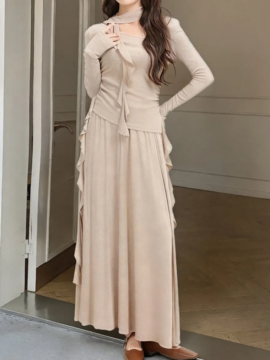 Ensemble jupe et haut dos nu à manches longues et jupe longue asymétrique à volants deux pièces pour femme tenue élégante et décontractée