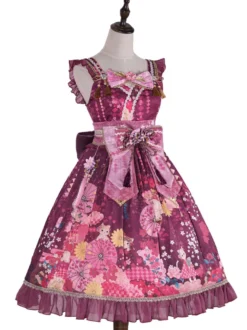 Ensemble Lolita de style japonais : robe Lolita kimono rose sans manches à imprimé floral et nœuds en polyester.