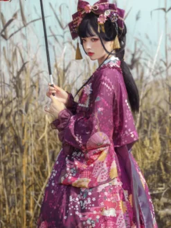 Ensemble Lolita de style japonais : robe Lolita kimono rose sans manches à imprimé floral et nœuds en polyester.