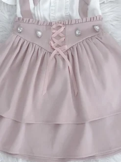Ensemble Lolita à manches courtes chemisier à volants et jupe pull superposée à lacets