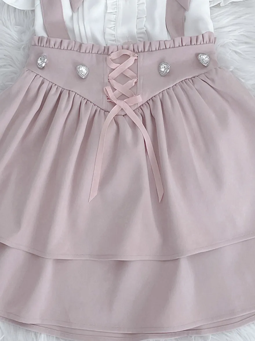 Ensemble Lolita à manches courtes chemisier à volants et jupe pull superposée à lacets
