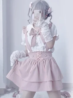 Ensemble Lolita à manches courtes chemisier à volants et jupe pull superposée à lacets