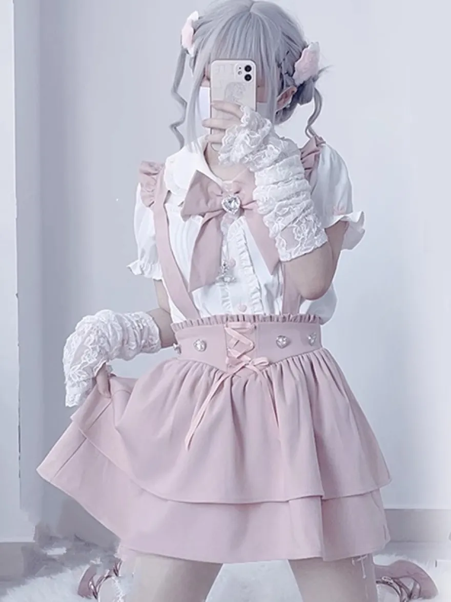 Ensemble Lolita à manches courtes chemisier à volants et jupe pull superposée à lacets