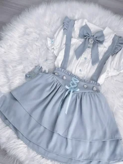 Ensemble Lolita à manches courtes chemisier à volants et jupe pull superposée à lacets