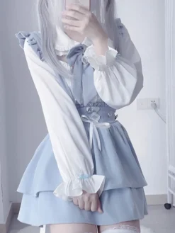 Ensemble Lolita à manches courtes chemisier à volants et jupe pull superposée à lacets