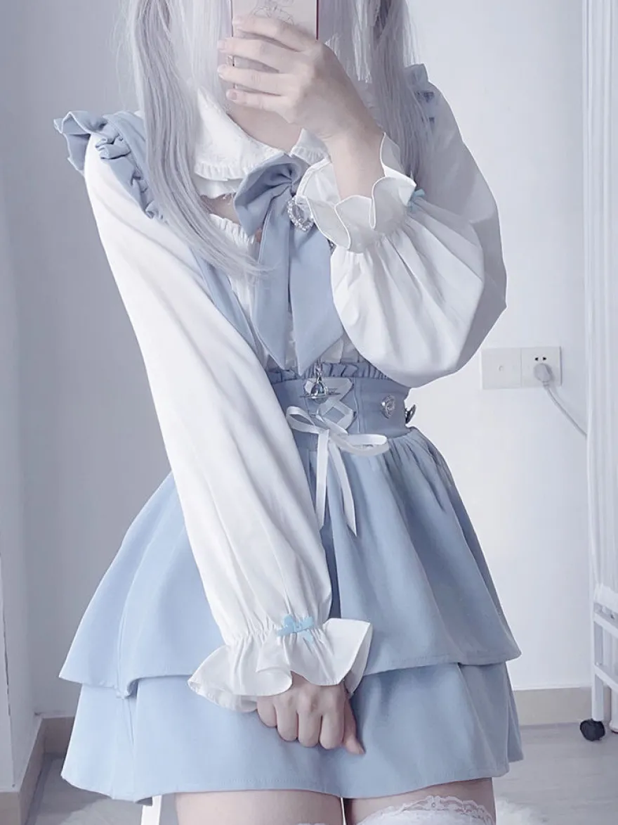 Ensemble Lolita à manches courtes chemisier à volants et jupe pull superposée à lacets