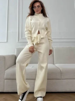 Ensemble lounge en maille à double fermeture éclair pour femme - Cardigan chic à col montant et pantalon large - Collection streetwear décontractée printemps 2026