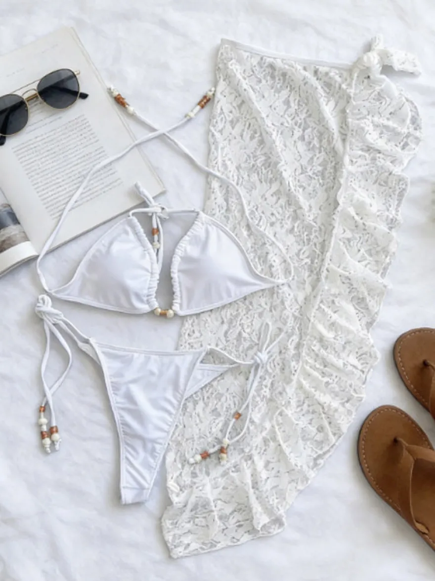Ensemble maillot de bain blanc sexy en dentelle ajourée soutien-gorge dos nu et jupe longue