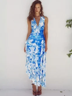 Ensemble maillot de bain bleu sexy à volants asymétrique