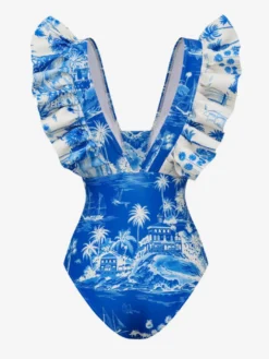 Ensemble maillot de bain bleu sexy à volants asymétrique