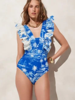 Ensemble maillot de bain bleu sexy à volants asymétrique