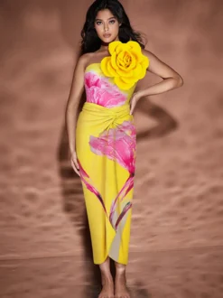 Ensemble maillot de bain deux pièces à imprimé floral pour femme - Monokini 3D à fleurs avec jupe paréo maxi - Collection été 2026