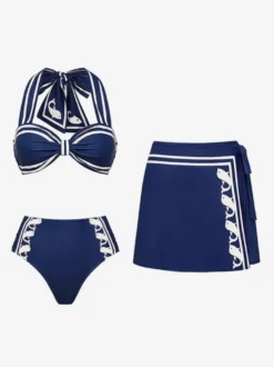 Ensemble maillot de bain deux tons bleu sexy à lacets et dos nu avec cache-maillots et paréos.