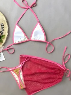 Ensemble maillot de bain en maille bikini de couleur contrastée et mini-jupe cache-maillot pour la plage 2026