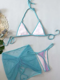 Ensemble maillot de bain en maille bikini de couleur contrastée et mini-jupe cache-maillot pour la plage 2026