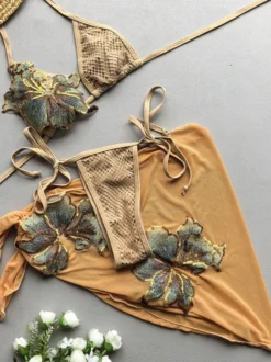 Ensemble maillot de bain et cache-maillot marron sexy à lacets et dos nu imprimé floral