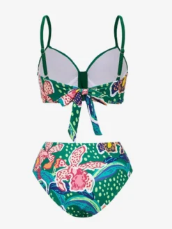 Ensemble maillot de bain et cache-maillot vert sexy à lacets et dos nu imprimé floral