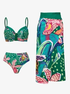 Ensemble maillot de bain et cache-maillot vert sexy à lacets et dos nu imprimé floral