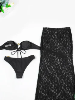 Ensemble maillot de bain et cache-maillot blanc sexy en dentelle à œillets jupe longue sans manches et soutien-gorge dos nageur.