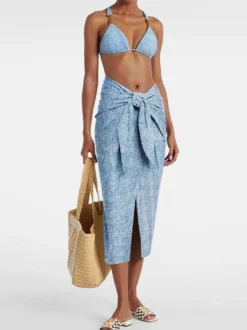 Ensemble maillot de bain et paréo bleu sexy à lacets dos nu et décolleté licou