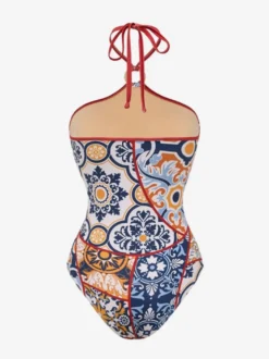 Ensemble maillot de bain et paréo rouge sexy à lacets dos nu imprimé floral et col en V