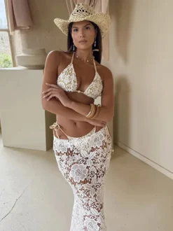 Ensemble maillot de bain et paréo blanc en dentelle sexy jupe longue sans manches soutien-gorge dos nu