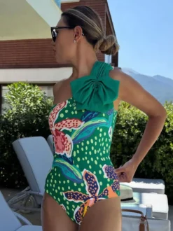 Ensemble maillot de bain et paréo vert bohème à lacets et dos nu imprimé floral