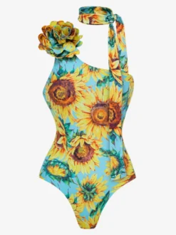 Ensemble maillot de bain jaune sexy à imprimé floral asymétrique et décolleté asymétrique